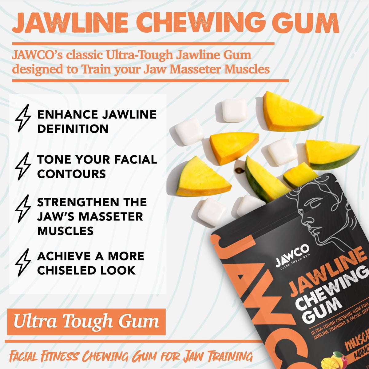 JAWCO jawline gum on desk suggests easy daily use.