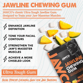 JAWCO jawline gum on desk suggests easy daily use.