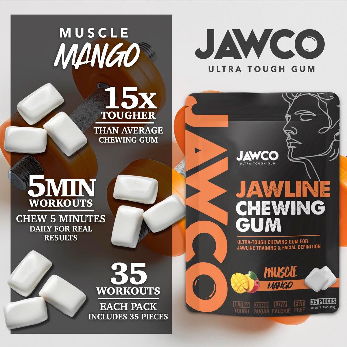 Closeup of JAWCO gum texture emphasizing dense chew for muscle engagement.