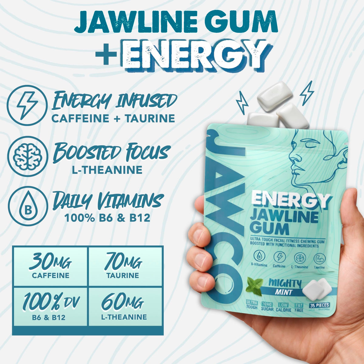JAWCO label nutrition panel provides caffeine and vitamins at a glance