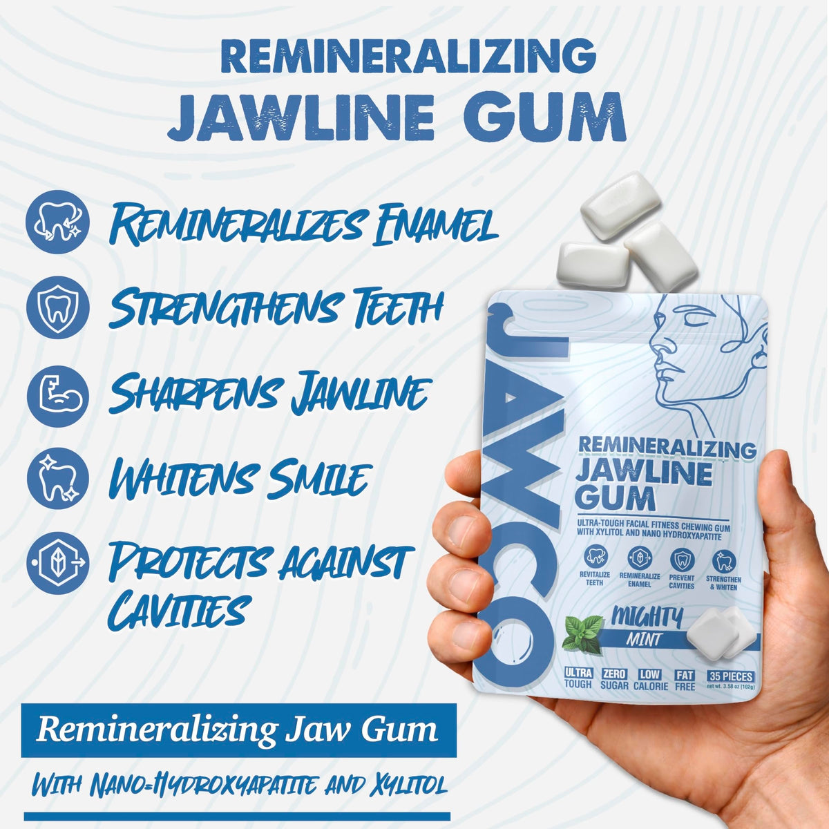 JAWCO nano-hydroxyapatite illustration supporting enamel-friendly remineralization.
