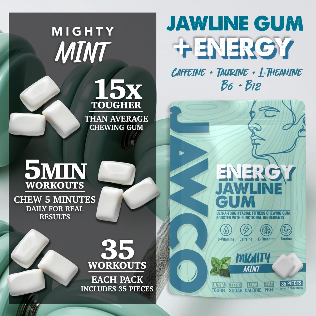 JAWCO pack back reveals ingredients and daily vitamins for focused stamina