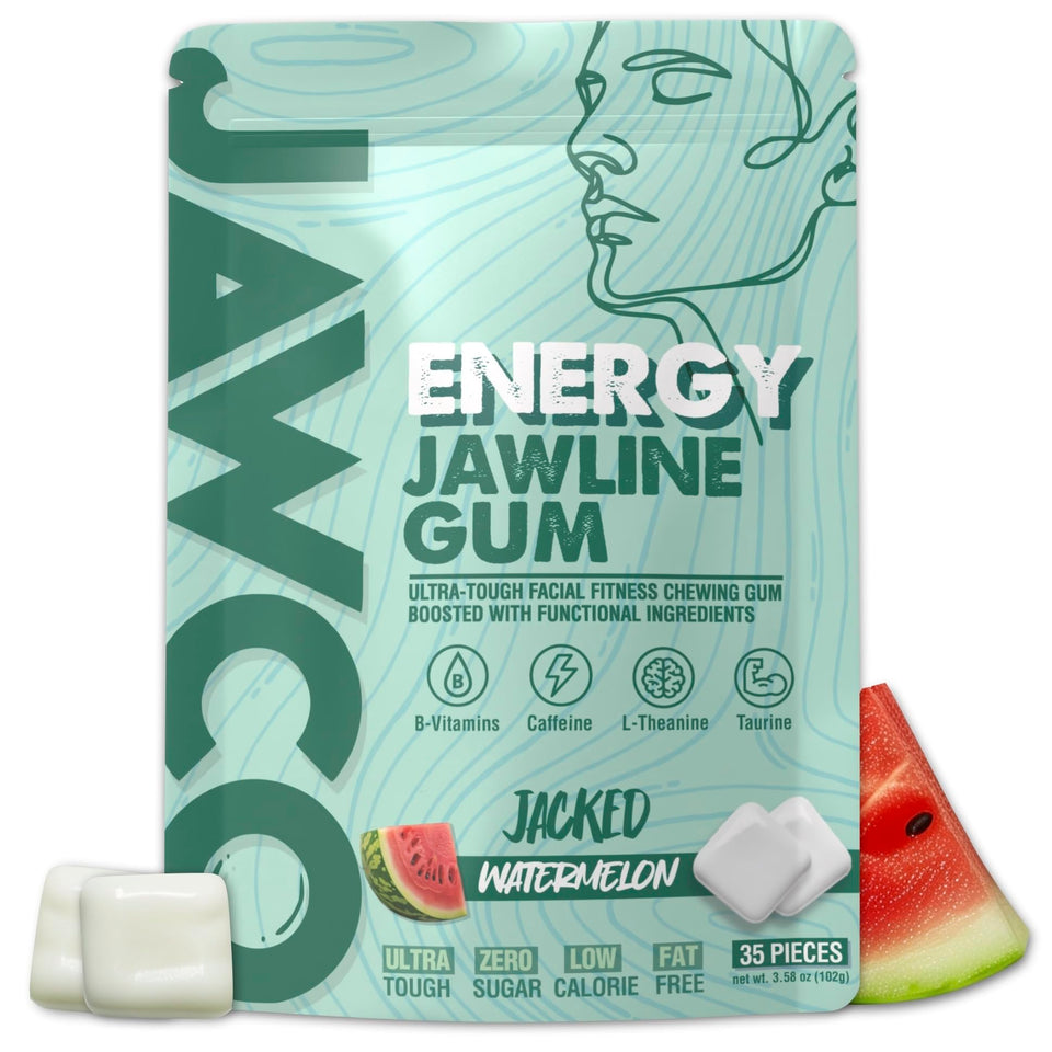 JAWCO pack visual showing tough gum for daily jaw training and energy.