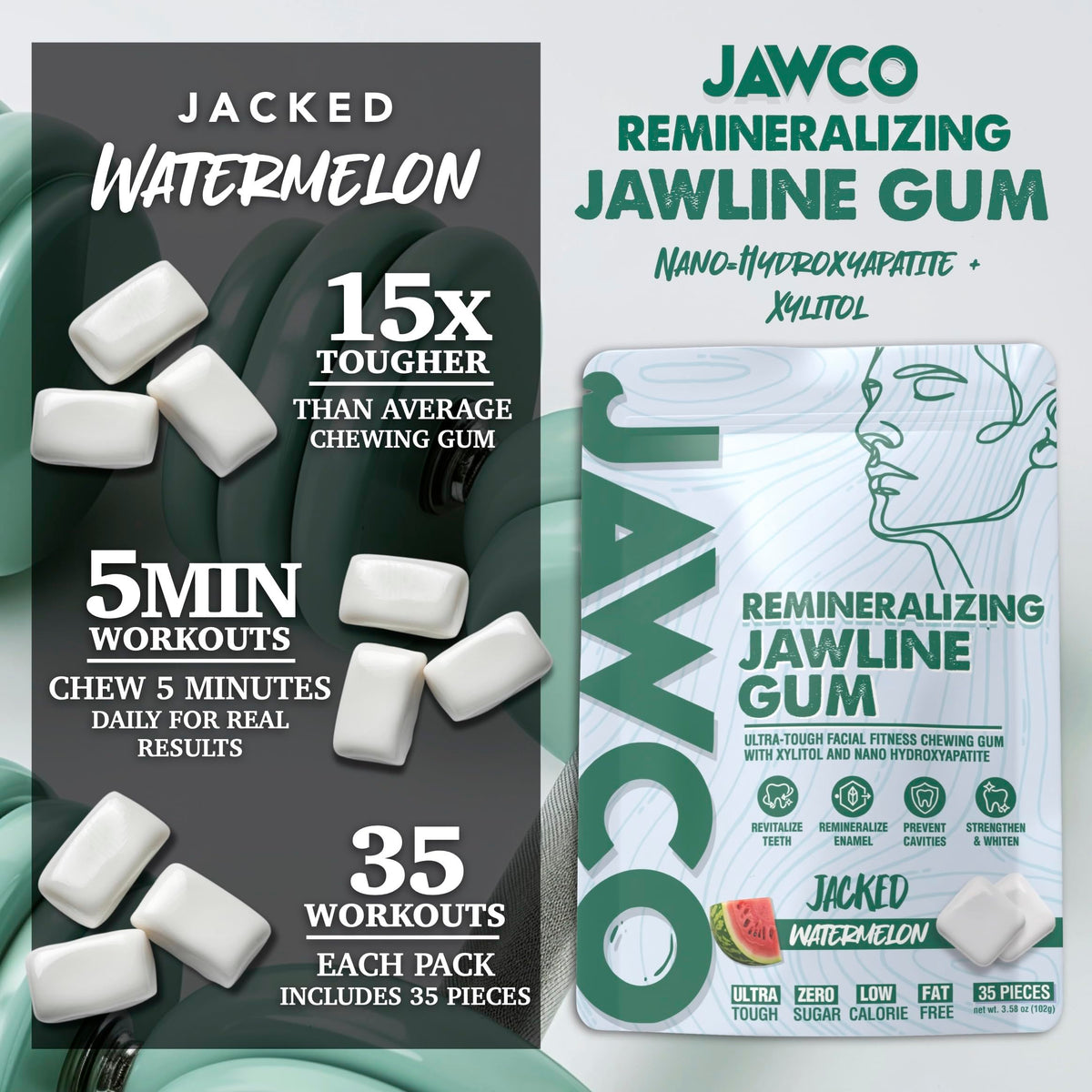 JAWCO ultra-tough chew demonstrates jawline training and enhanced muscle engagement.