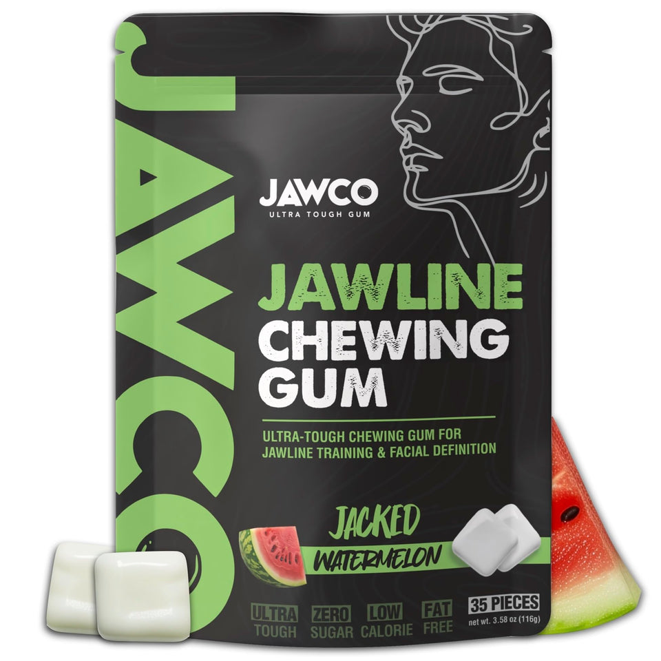JAWCO ultra-tough jawline gum pack front shows watermelon flavor and defined jawline potential