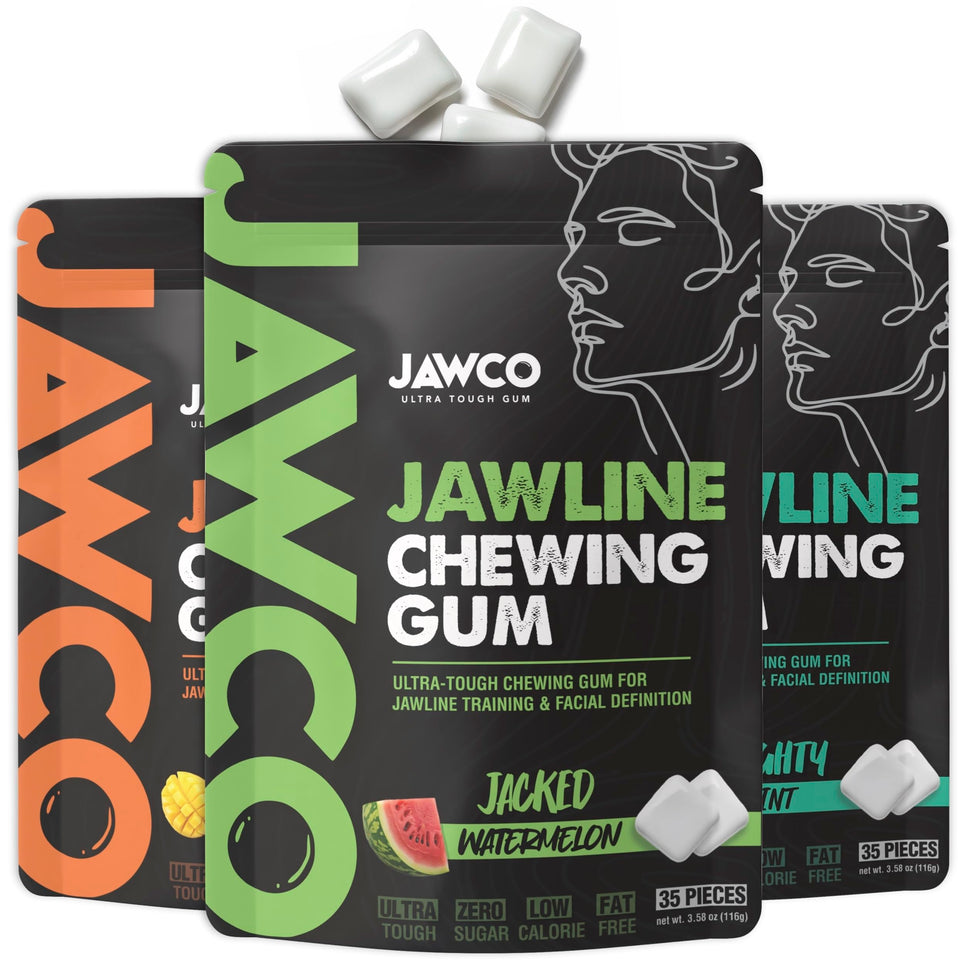 JAWCO Ultra-tough Jawline Gum Variety 3-Pack pack shot for jawline training potential