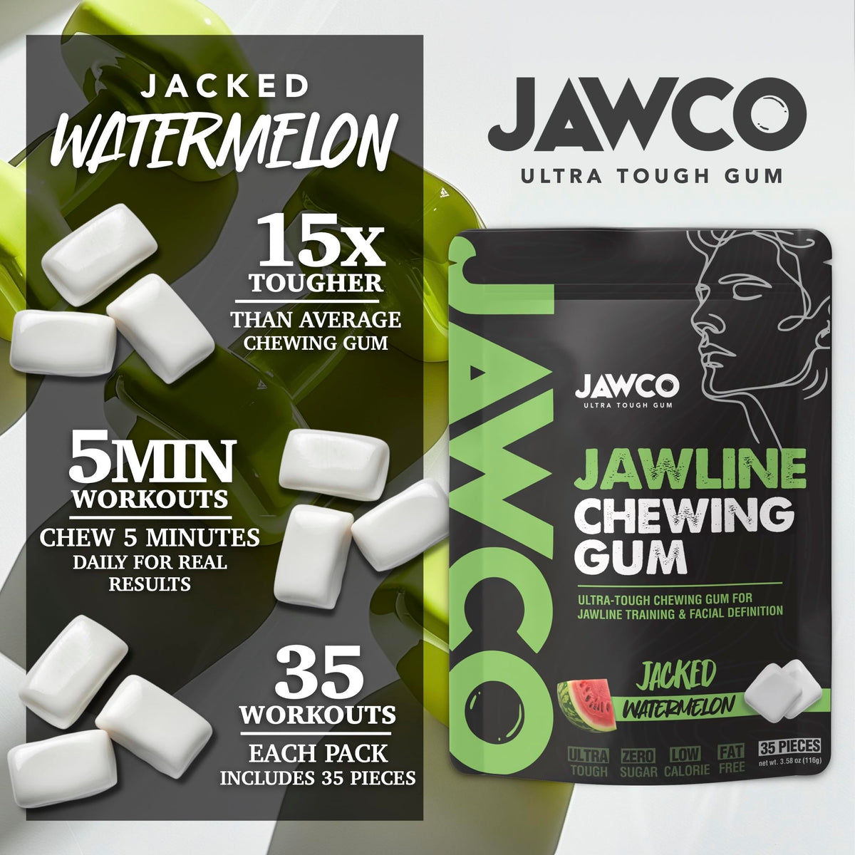Close-up of JAWCO gum texture showing ultra-tough resistance for daily training