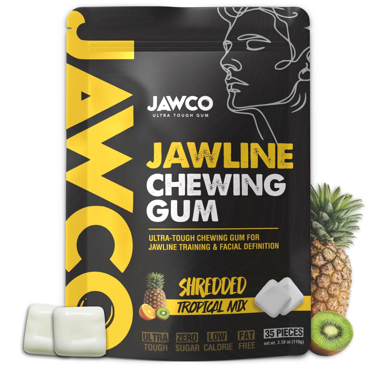 JAWCO ultra-tough jawline gum pack shot highlighting rugged texture for facial training