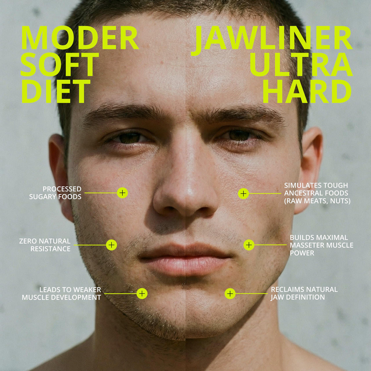 Jawliner Extreme chewing-action image emphasizes tough facial-muscle training