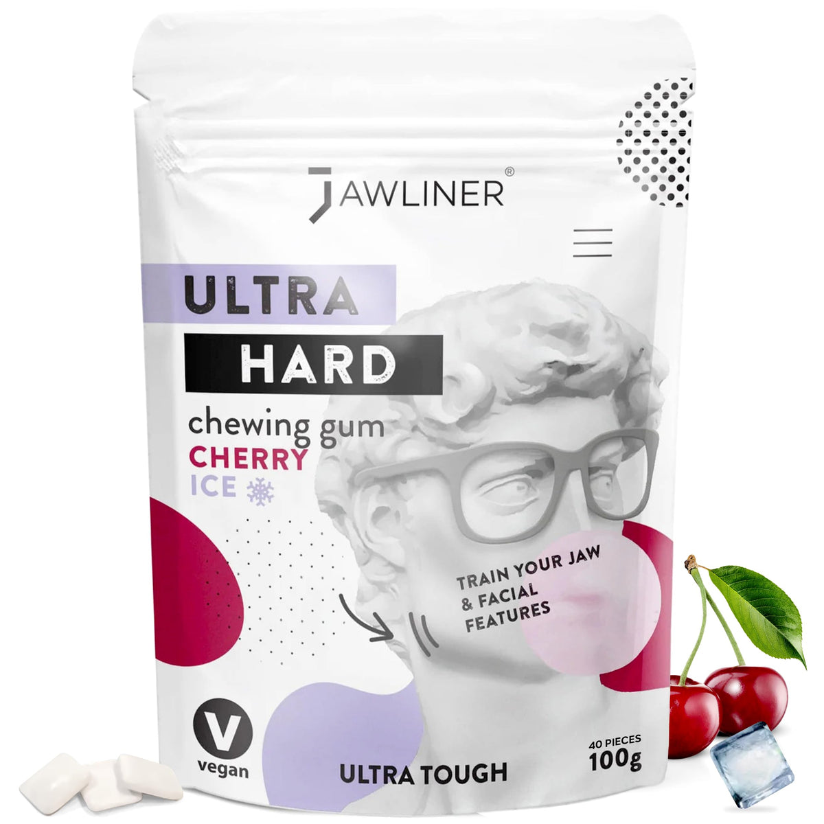 Jawliner extreme jawline gum pack shown in a compact resealable bag for on-the-go training.