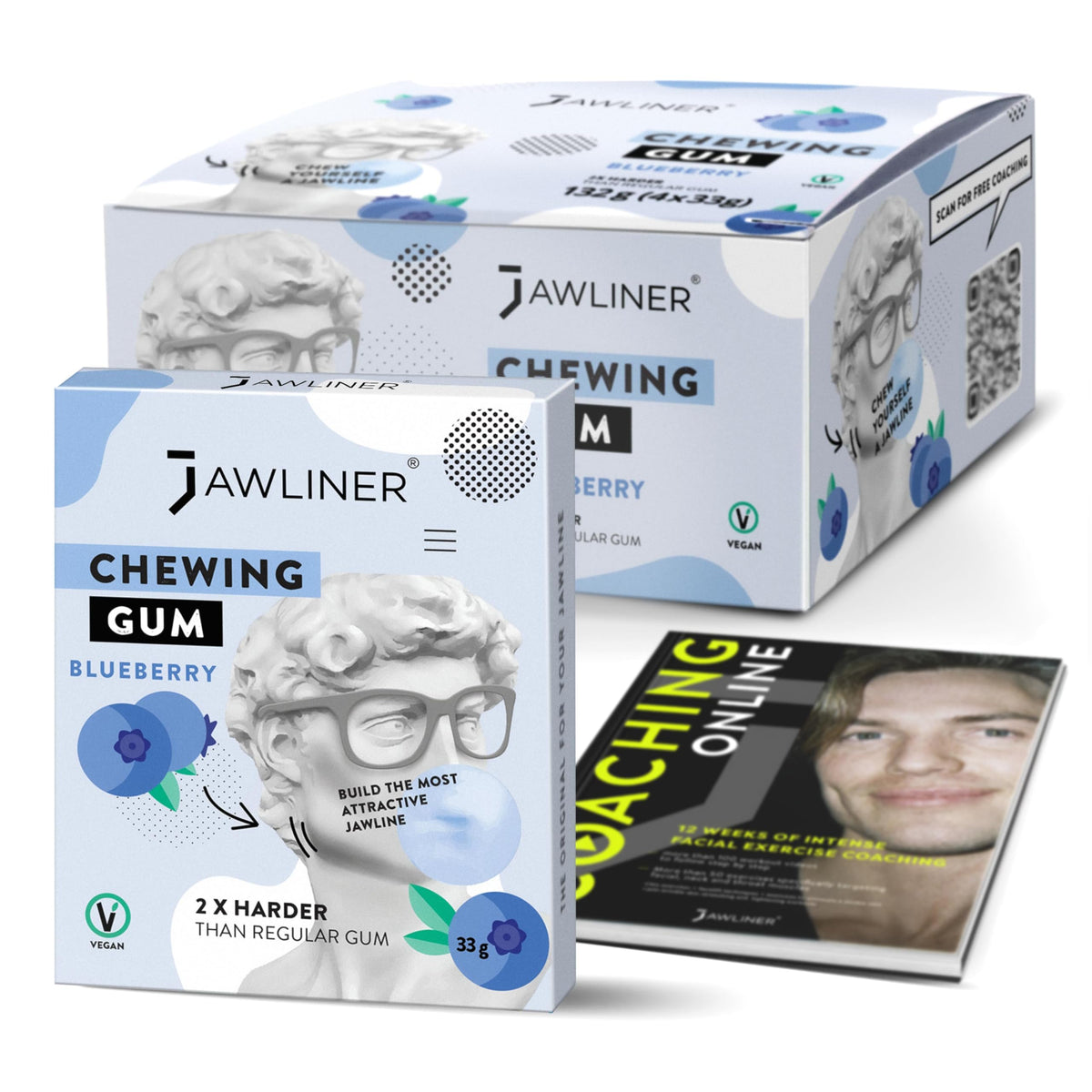 Jawliner hard jawline chewing gum blueberry packaging showing convenient daily training support.