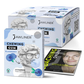 Jawliner hard jawline chewing gum blueberry packaging showing convenient daily training support.