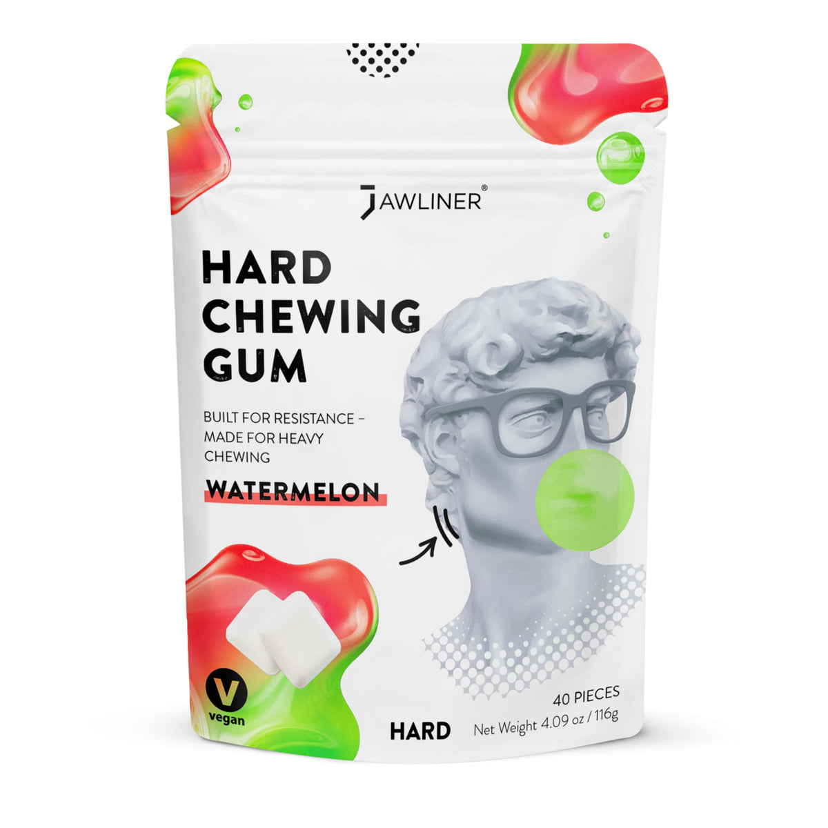 Jawliner hard jawline gum pack shot shows 6-10x resistance for jaw workouts.