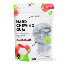 Jawliner hard jawline gum pack shot shows 6-10x resistance for jaw workouts.