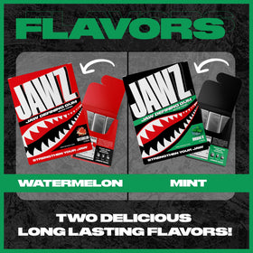 Mint flavor and product shot with fresh leaves for Jawz Gum Mint.