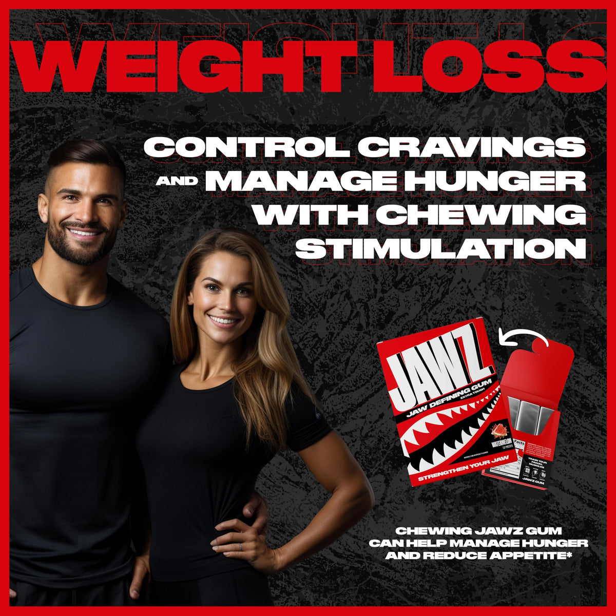 Jawz Gum packaging display shows a 4-month supply and value.
