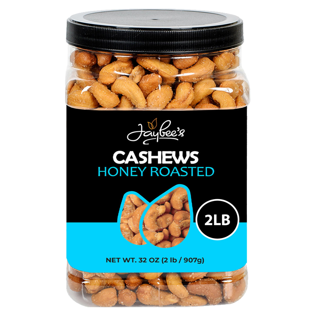 Jaybee's honey roasted cashews in a 32 oz container ready for sharing