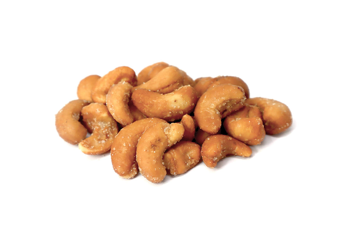 Close-up of Jaybee's cashews showing glossy honey glaze and crisp texture