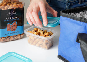 Resealable lid keeps Jaybee's honey roasted cashews fresh for snacking