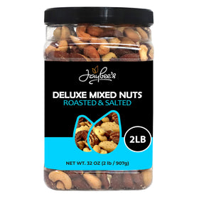 Jaybee's Mixed Nuts Deluxe in a jar for easy snacking and freshness