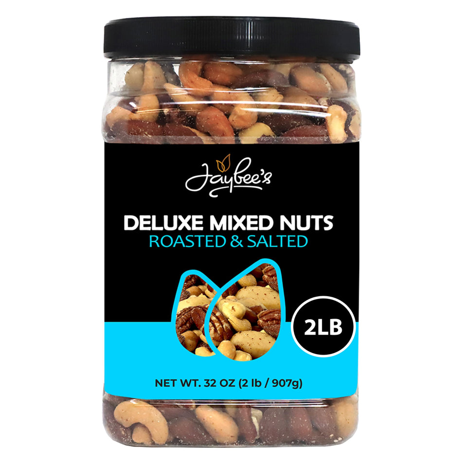 Jaybee's Mixed Nuts Deluxe in a jar for easy snacking and freshness
