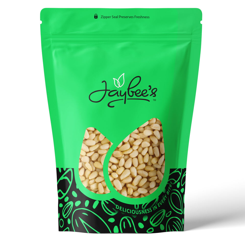 Jaybee's Pine Nuts Raw 2lb packaging shows resealable bag for freshness
