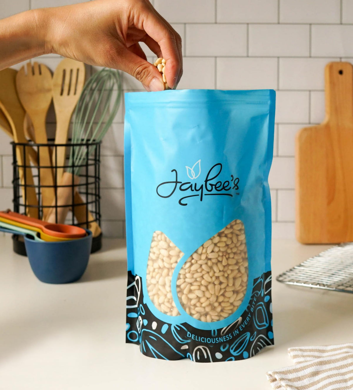 Jaybee's Pine Nuts Raw featured in a vegan pesto dish