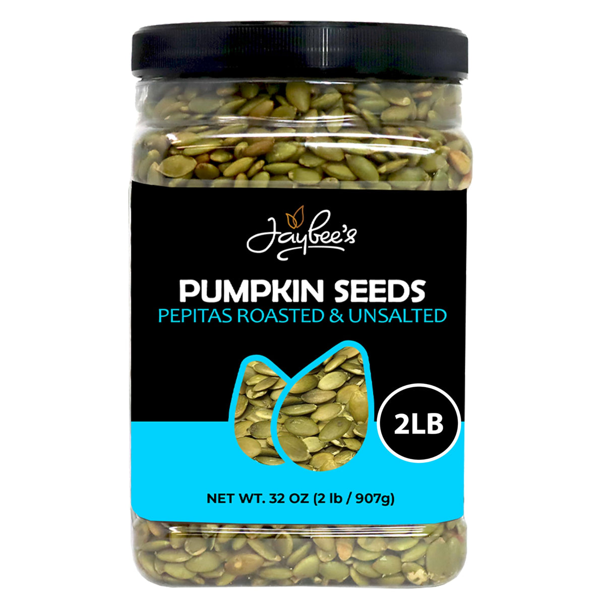 Jaybee's pumpkin seeds pepitas roasted unsalted in a 32 oz jar for easy snacking.