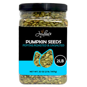 Jaybee's pumpkin seeds pepitas roasted unsalted in a 32 oz jar for easy snacking.