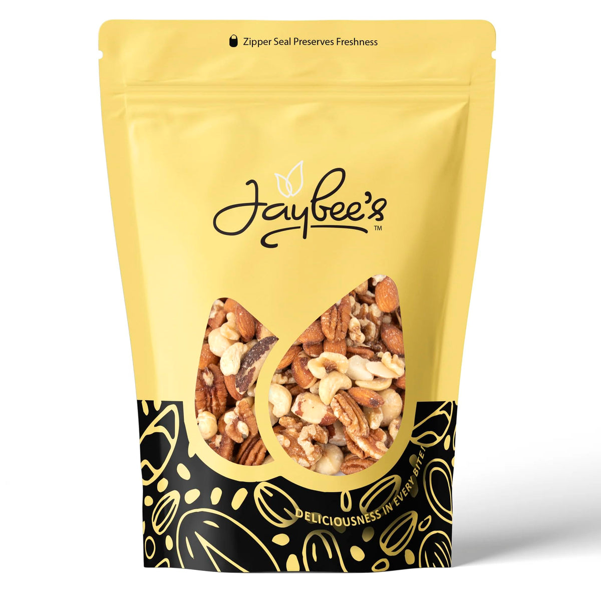 Jaybee's Raw Deluxe Mixed Nuts 3lb bag—versatile unsalted snack blend.