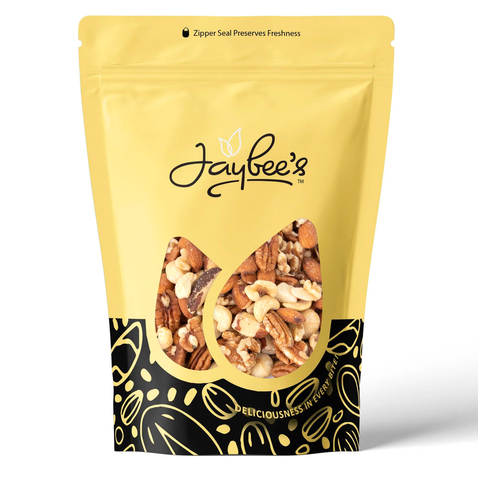 Jaybee's Raw Deluxe Mixed Nuts 3lb bag—versatile unsalted snack blend.