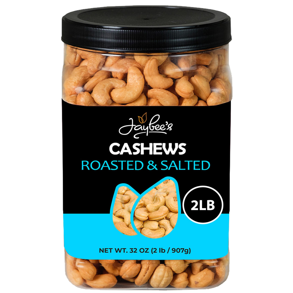 Jaybee's Roasted Salted Cashews jar closeup, premium crunchy texture for snacking.