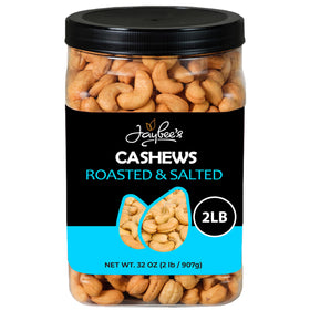 Jaybee's Roasted Salted Cashews jar closeup, premium crunchy texture for snacking.