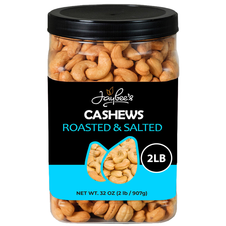 Jaybee's Roasted Salted Cashews jar closeup, premium crunchy texture for snacking.