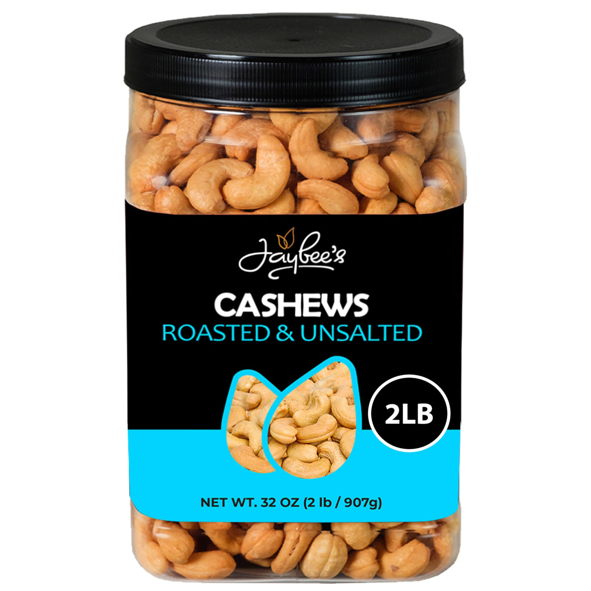 Jaybee's roasted unsalted cashews in a 32 oz container for easy snacking