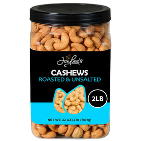 Jaybee's roasted unsalted cashews in a 32 oz container for easy snacking