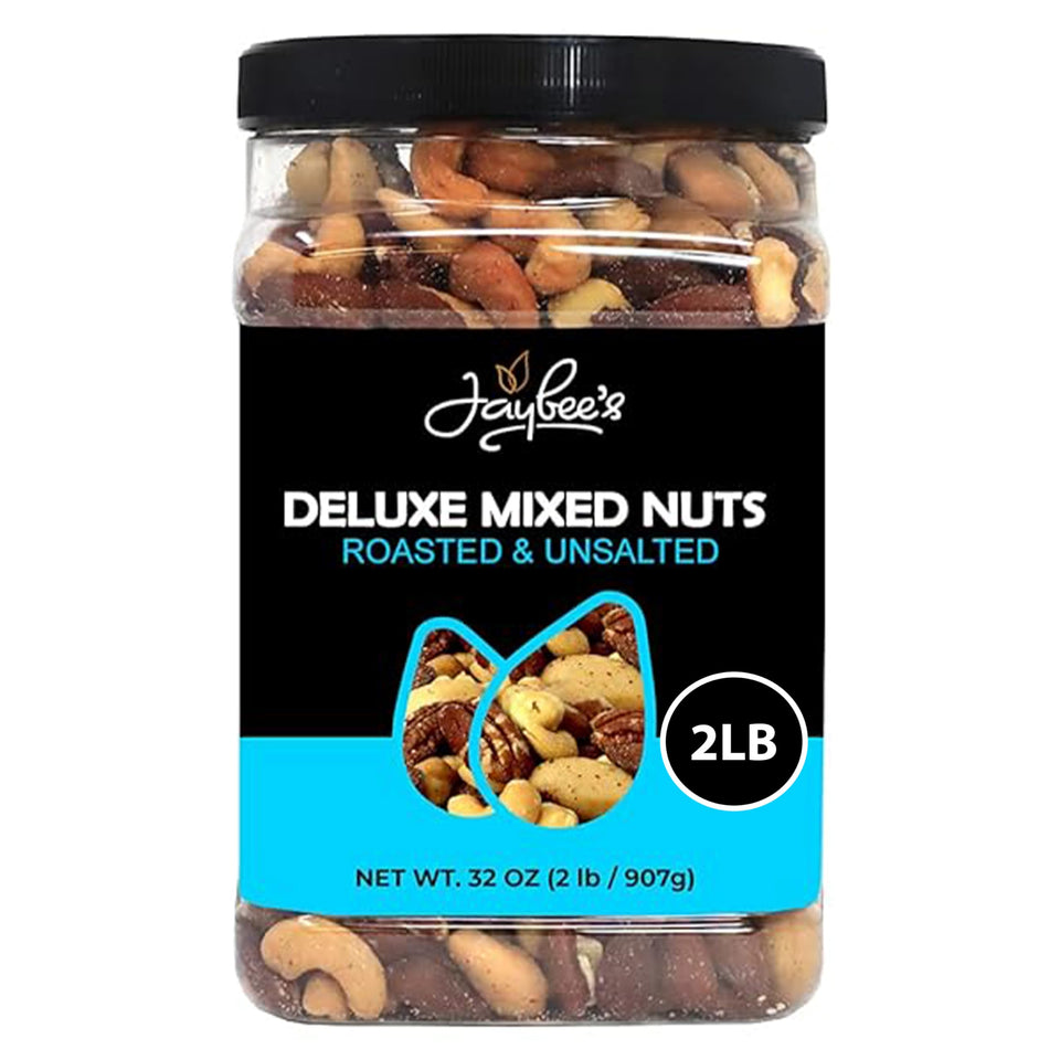 Jaybee's unsalted mixed nuts 32oz tub for keto-friendly snacking.