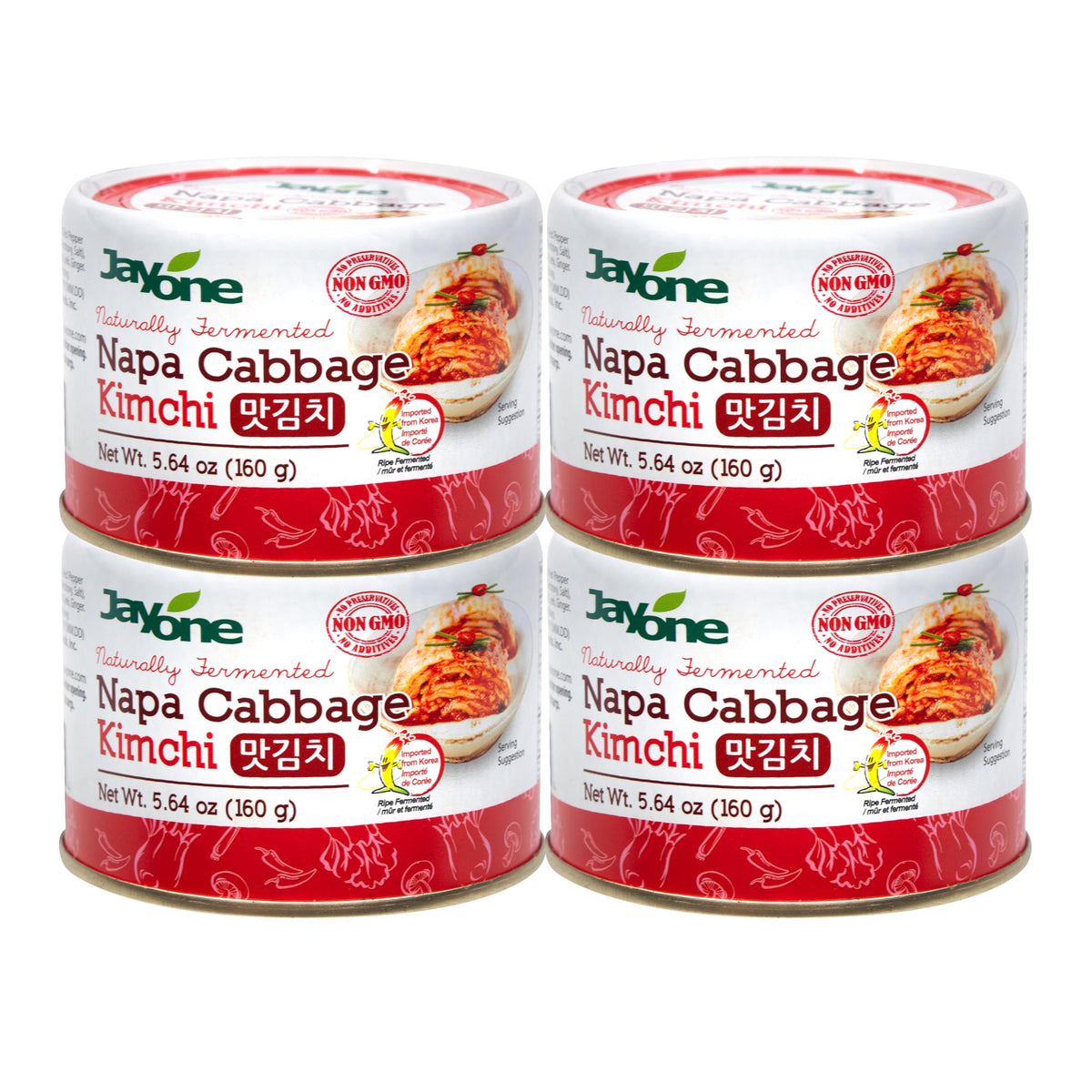 Jayone Korean canned kimchi 4-pack on shelf, convenient for weeknight meals.