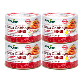 Jayone Korean canned kimchi 4-pack on shelf, convenient for weeknight meals.