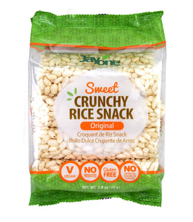 Jayone Sweet Crunchy Rice Snack original bag showing gluten-free, preservative-free snack for on-the-go