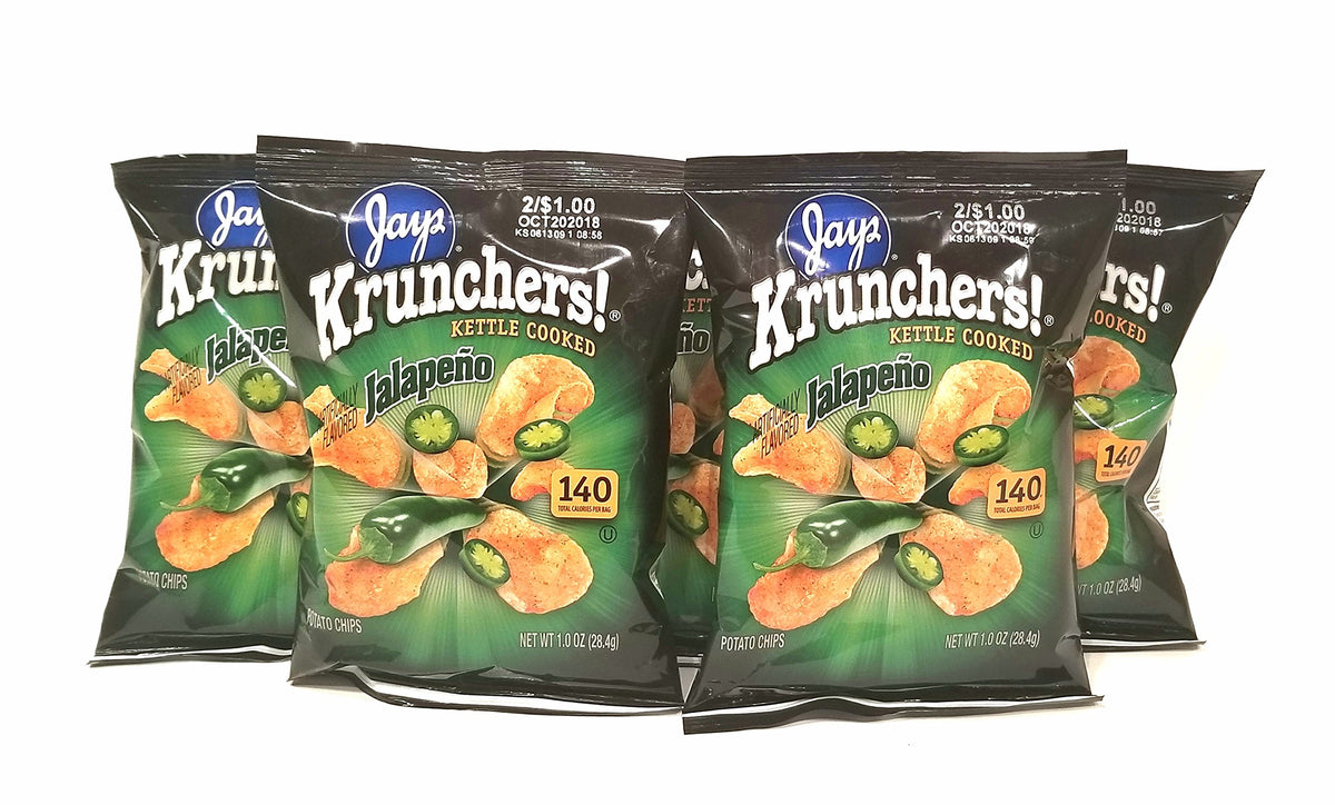 JAY'S KRUNCHERS Jalapeno Potato Chips in a 5-pack, ready for on-the-go snacking.