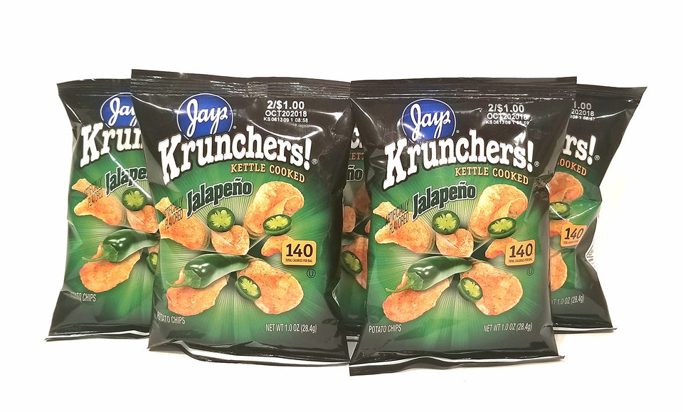 JAY'S KRUNCHERS Jalapeno Potato Chips in a 5-pack, ready for on-the-go snacking.