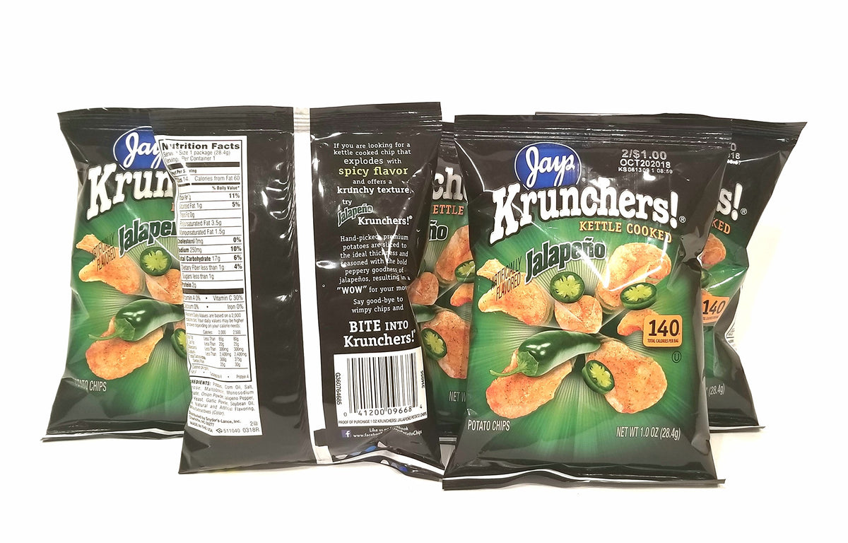 JAY'S KRUNCHERS Jalapeno Potato Chips close-up shows crisp texture and bold flavor.