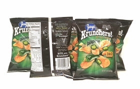 JAY'S KRUNCHERS Jalapeno Potato Chips close-up shows crisp texture and bold flavor.