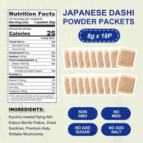 Jayuss Dashi ingredients display highlighting Kyushu fish, kelp, and shiitake for depth