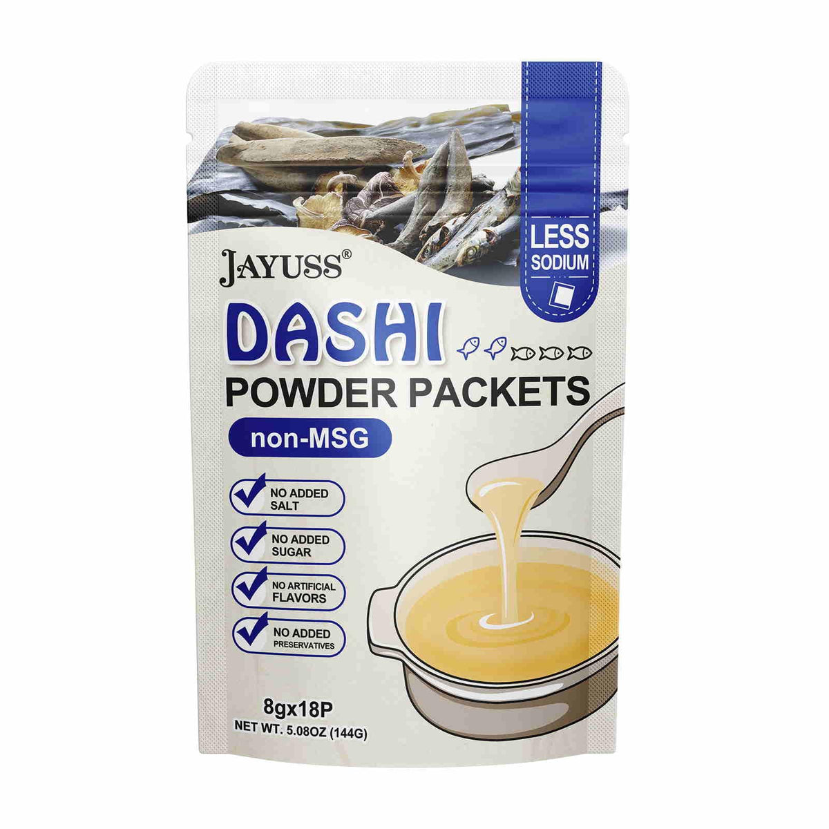 Jayuss Dashi packet close-up showing five natural ingredients for rich umami