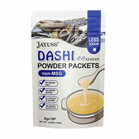 Jayuss Dashi packet close-up showing five natural ingredients for rich umami