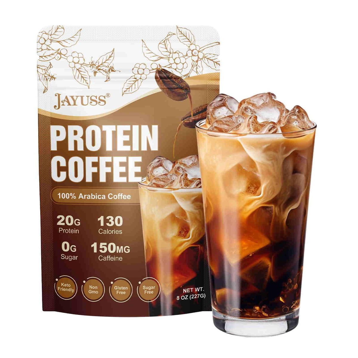 Jayuss Protein Coffee Powder bottle closeup, keto-friendly formula.