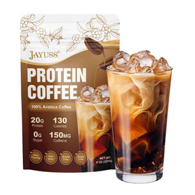 Jayuss Protein Coffee Powder bottle closeup, keto-friendly formula.