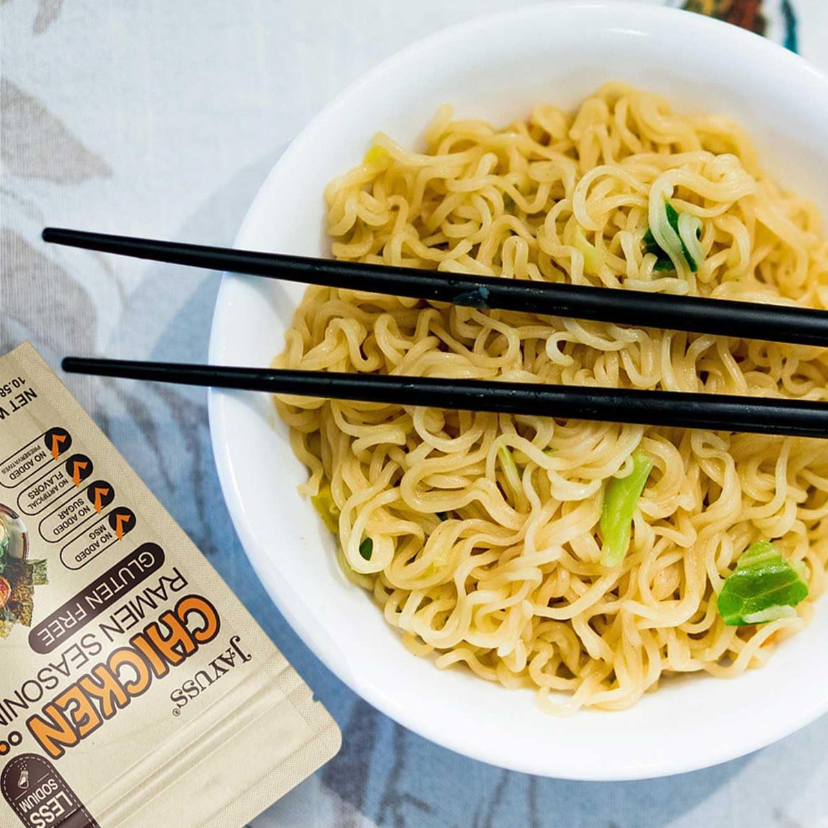 Jayuss ramen seasoning in a kitchen setting demonstrates quick weeknight meal prep.